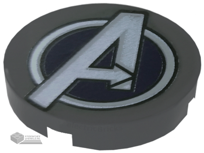 14769pb259 – Tile, Round 2 x 2 with Bottom Stud Holder with Silver Avengers Logo Pattern