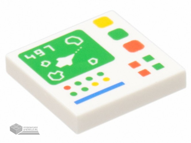 3068bpb2030 – Tile 2 x 2 with Groove with '497' and Galaxy Explorer on Control Screen and Red, Bright Green, Yellow and Blue Buttons, Lights, and Line Pattern