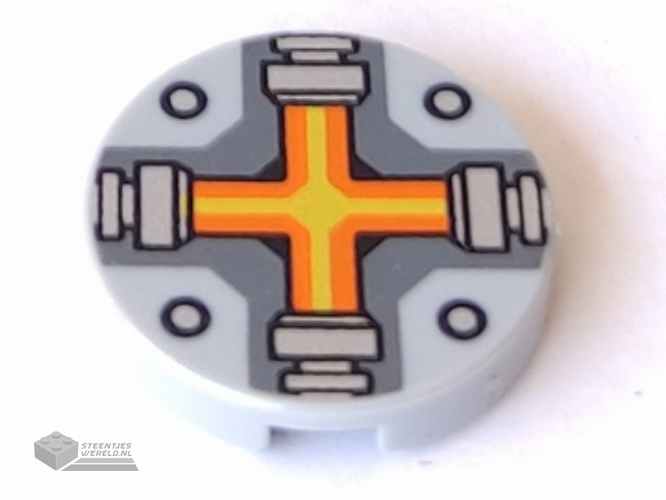 14769pb087 – Tile, Round 2 x 2 with Bottom Stud Holder with Orange and Yellow Cross Pattern