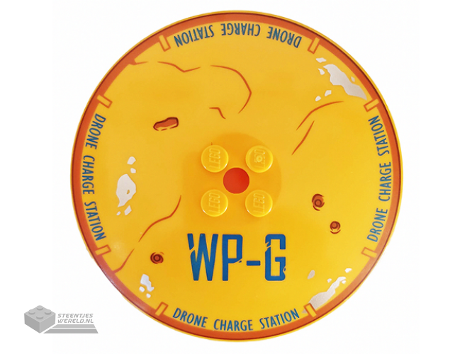 3961pb10 – Dish 8 x 8 Inverted (Radar) with Dark Blue ‘WP-G’ and ‘DRONE CHARGE STATION’, Dark Orange Rim, Dirt, and Rust Spots Pattern