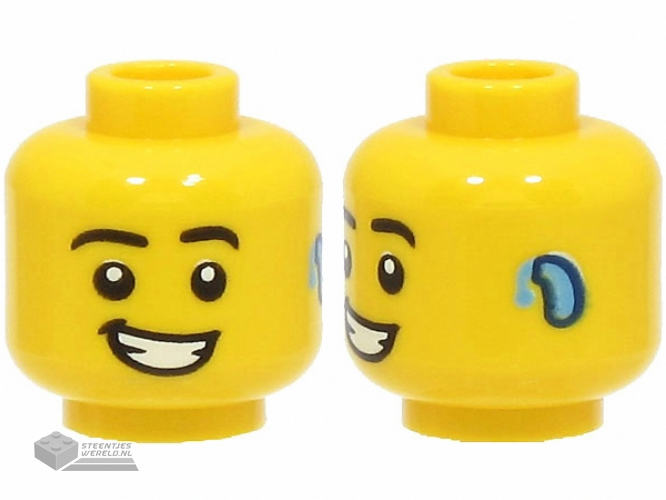 3626cpb3081 – Minifigure, Head Black Eyebrows, Open Mouth Smile with Teeth, Hearing Aid Pattern – Hollow Stud