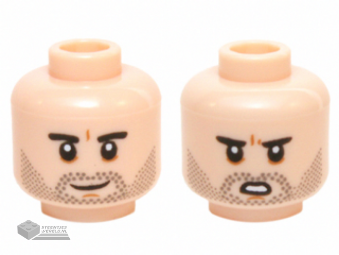 3626cpb1428 – Minifigure, Head Dual Sided Black Eyebrows, Black Stubble, White Pupils Smiling / Open Mouth Scowling Pattern (SW Poe Dameron) – Hollow Stud