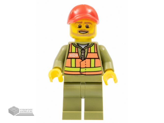 trn244 – Train Driver – Orange Safety Vest with Lime Straps, Olive Green Legs, Red Cap with Hole, Beard Dark Tan Angular