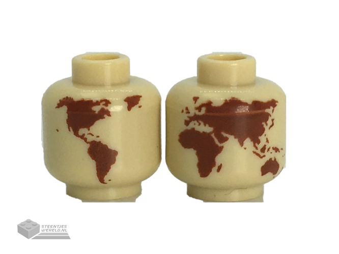 3626cpb2892 – Minifigure, Head without Face Reddish Brown Globe World Map with Japan and Hawaii Pattern – Hollow Stud