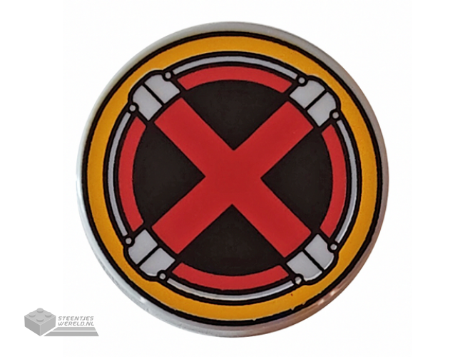 14769pb516 – Tile, Round 2 x 2 with Bottom Stud Holder with Red X-Men Logo in Bright Light Yellow Circle Pattern