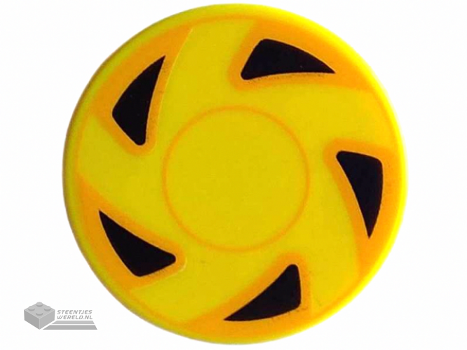 14769pb538 - Tile, Round 2 x 2 with Bottom Stud Holder with Hubcap with Circles and 5 Black Triangles with Bright Light Orange Edges Pattern