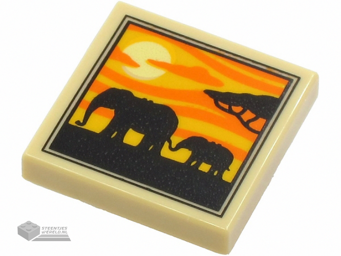 3068bpb1644 – Tile 2 x 2 with Groove with 2 Elephants, Tree and Sunset Pattern