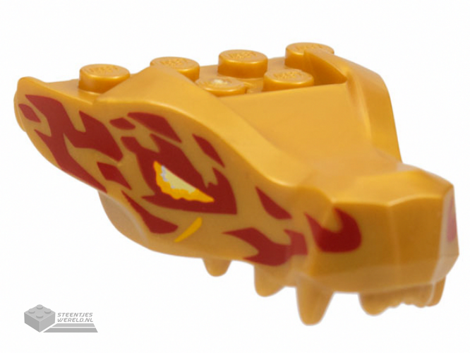 72362pb05 – Dragon Head (Ninjago) Jaw with 2 Bar Handles on Back with Bright Light Orange and Bright Light Yellow Eyes and Red Flames Pattern