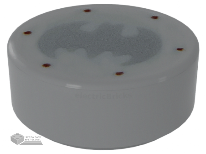 98138pb111 – Tile, Round 1 x 1 with Silver Bat Batman Logo and 6 Reddish Brown Rivets Pattern