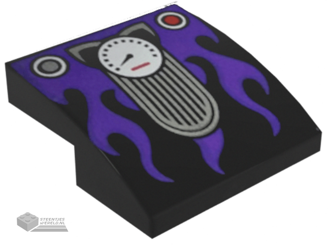 15068pb094 – Slope, Curved 2 x 2 x 2/3 with Cat Ears Speedometer and Dark Purple Flames Pattern