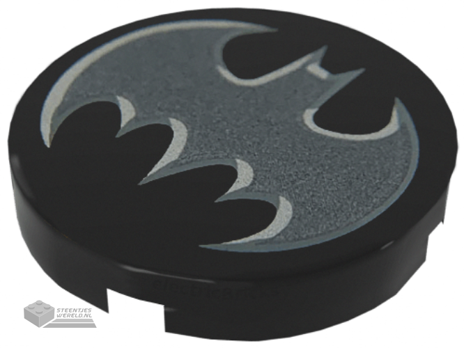 14769pb294 – Tile, Round 2 x 2 with Bottom Stud Holder with Batman Logo, Dark Silver Bat with Silver Edges Pattern