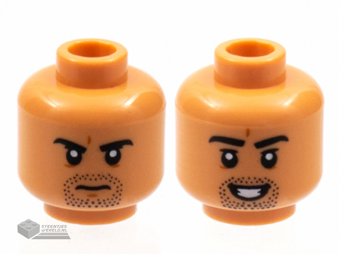 3626cpb2931 – Minifigure, Head Dual Sided, Black Eyebrows and Goatee Stubble, Frown / Open Smile with Teeth Pattern – Hollow Stud