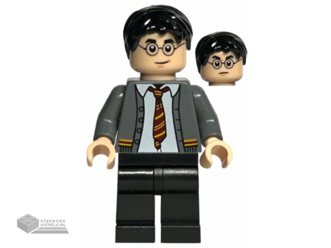 hp396 – Harry Potter – Dark Bluish Gray Gryffindor Cardigan Sweater Open over Shirt without Wrinkles, Black Legs