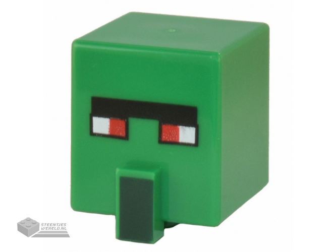 23766pb009 – Minifigure, Head, Modified Cube Tall with Raised Rectangle with Pixelated Dark Green Unibrow, Red Eyes, and Dark Green Nose Pattern (Minecraft Zombie Villager)
