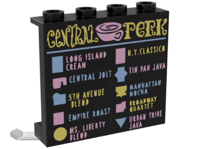 60581pb127 – Panel 1 x 4 x 3 with Side Supports – Hollow Studs with 'CENTRAL PERK' Coffee Menu Pattern