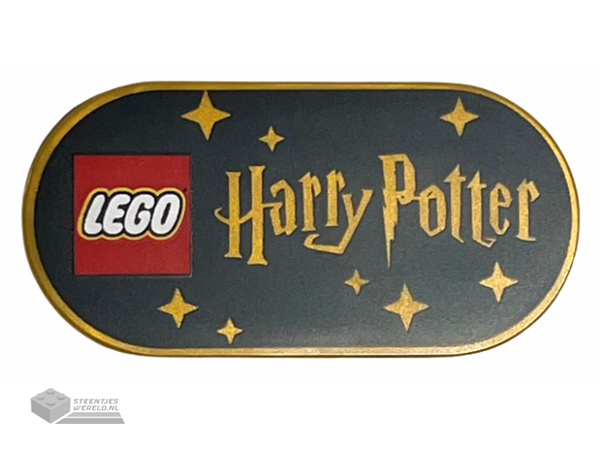 66857pb009 – Tile, Round 2 x 4 Oval with LEGO Logo, ‘Harry Potter’, and Stars on Black Background Pattern