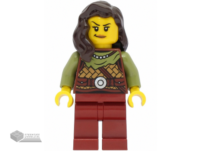 vik041 – Viking Warrior – Female, Leather Armor, Dark Red Legs, Dark Brown Hair