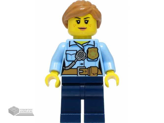 cty1384 – Police – City Officer Female, Bright Light Blue Shirt with Badge and Radio, Dark Blue Legs, Medium Nougat Hair