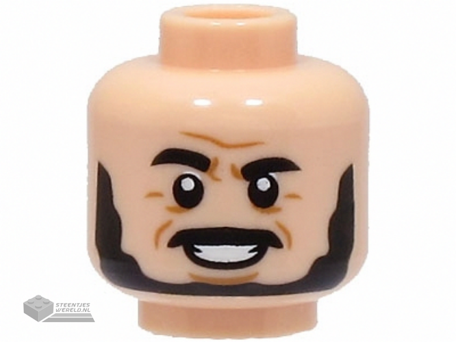 3626cpb3280 – Minifigure, Head Black Eyebrows, Moustache and Beard, Medium Nougat Forehead and Cheek Lines, Chin Dimple, Open Mouth Smile Pattern – Hollow Stud