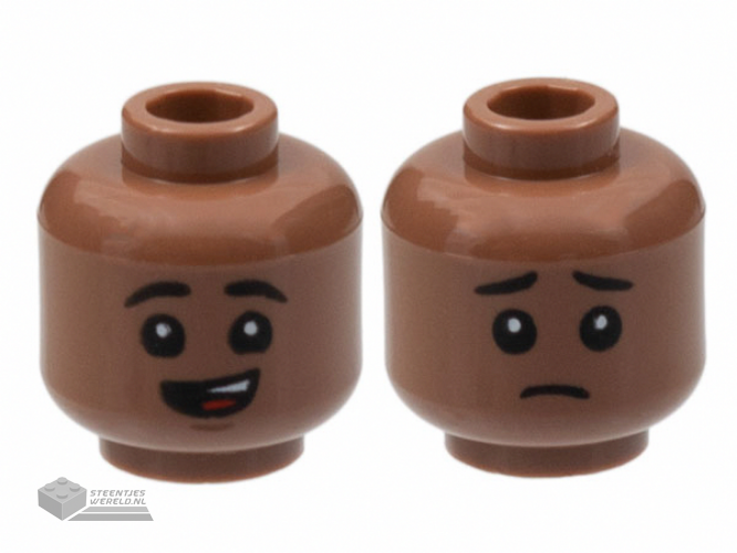 3626cpb2993 - Minifigure, Head Dual Sided Child Black Eyebrows, Lopsided Open Mouth Smile with Top Teeth and Red Tongue / Sad Pattern - Hollow Stud