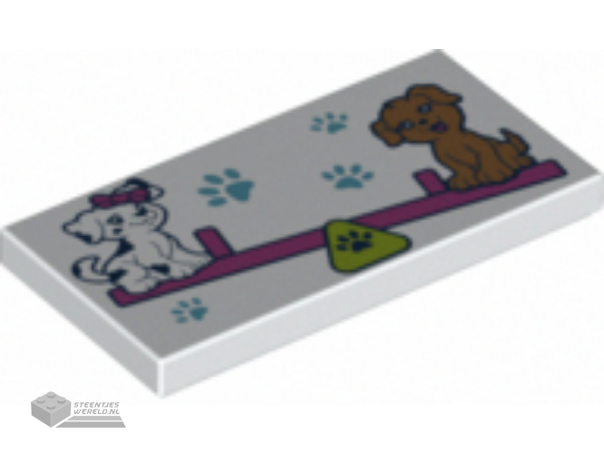 87079pb1103 – Tile 2 x 4 with Paw Prints and 2 Dogs on Dark Pink Seesaw Pattern
