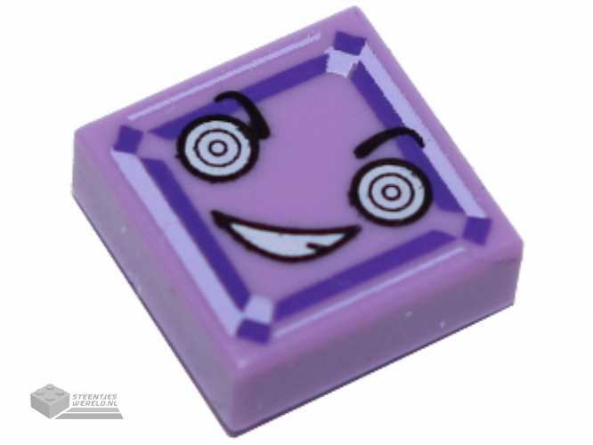 3070bpb116 – Tile 1 x 1 with Groove with White Hypnotic Eyes, Crooked Smile with Teeth, Lavender and Dark Purple Square Pattern (Kryptomite Face)