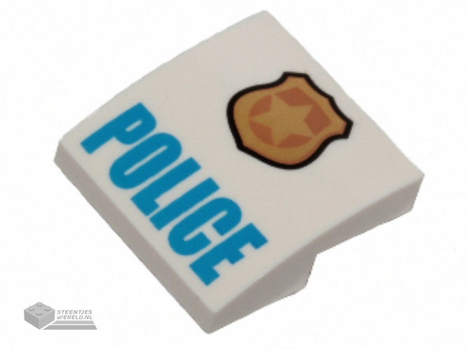 15068pb046a – Slope, Curved 2 x 2 x 2/3 with Gold and Copper Badge with Star and Black Outline, Blue 'POLICE' Pattern