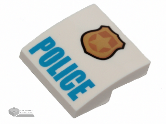 15068pb046a - Slope, Curved 2 x 2 x 2/3 with Gold and Copper Badge with Star and Black Outline, Blue 'POLICE' Pattern