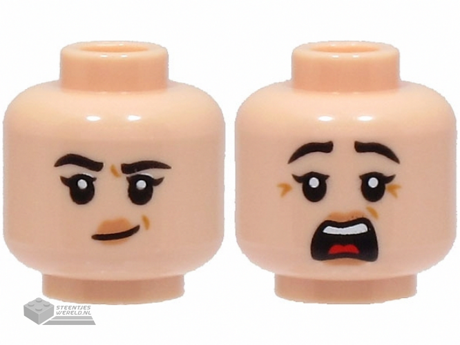 3626cpb3282 – Minifigure, Head Dual Sided Female Black Eyebrows, Nougat Lips, Medium Nougat Dimples, Lopsided Grin / Scared with Open Mouth Pattern – Hollow Stud