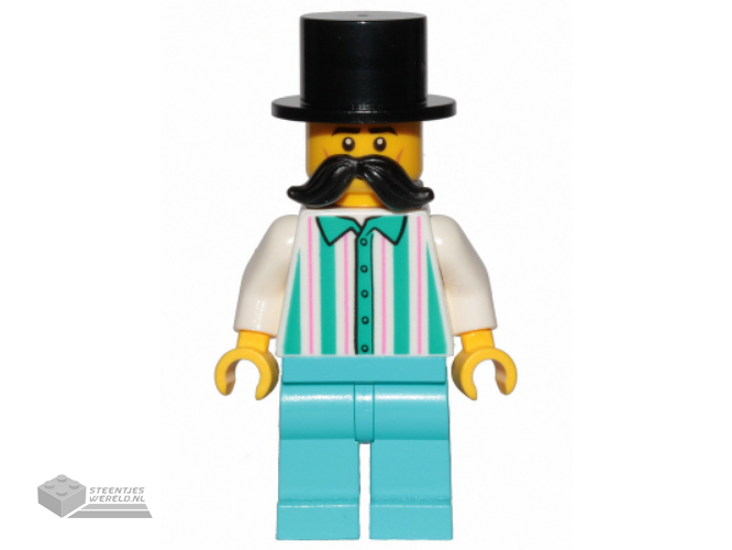 cty1150 – Fairground Employee, Male – Black Top Hat, Moustache, White Shirt with Stripes, Medium Azure Legs
