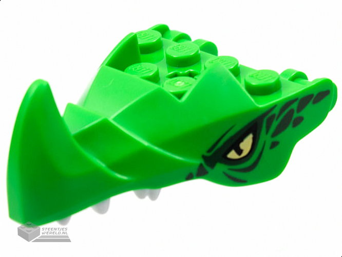 76923pb02 – Dragon Head (Ninjago) Jaw with Large Spike and 2 Bar Handles on Back with Yellow Eyes, Dark Green Scales, and White Teeth Pattern