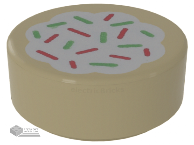 98138pb256 – Tile, Round 1 x 1 with Cookie with White Frosting and Red and Green Sprinkles Pattern