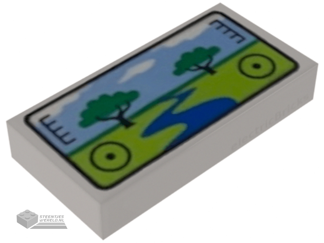 3069bpb0958 – Tile 1 x 2 with Groove with Viewfinder Screen Image of Safari Park with 2 Trees and River Pattern