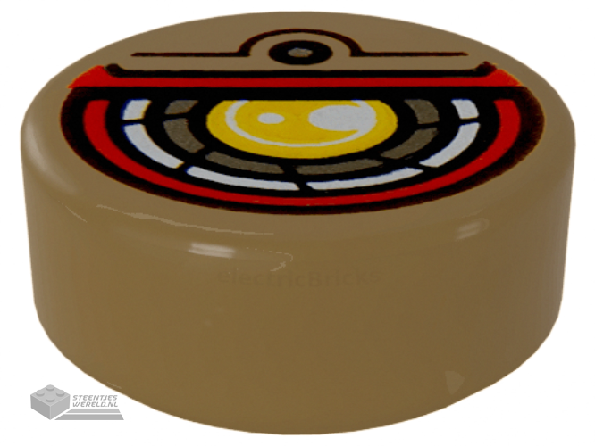 98138pb146 – Tile, Round 1 x 1 with Yellow, Silver, White, and Red Robotic Eye Pattern