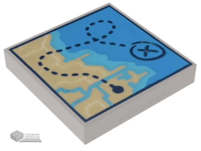 3068bpb2011 – Tile 2 x 2 with Groove with Map of Coastline with Tan Land, Dark Azure and Medium Azure Water, and Dark Blue Dotted Line with ‘X’ Pattern