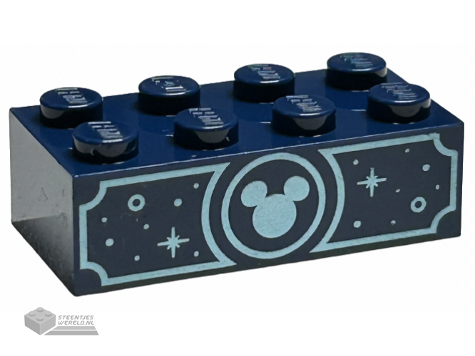 3001pb198 – Brick 2 x 4 with Metallic Light Blue Mickey Mouse Head, Circles and Sparkles Pattern on Both Sides