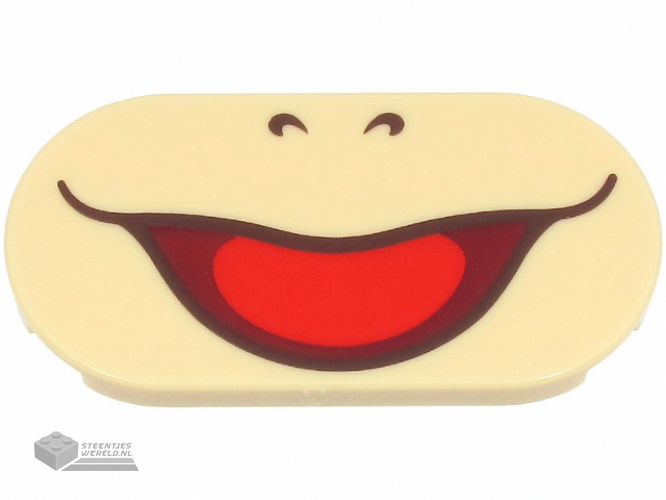 66857pb034 – Tile, Round 2 x 4 Oval with Dark Brown Nostrils and Wide Open Mouth Smile with Red Tongue Pattern (Super Mario Lemmy Lower Face)