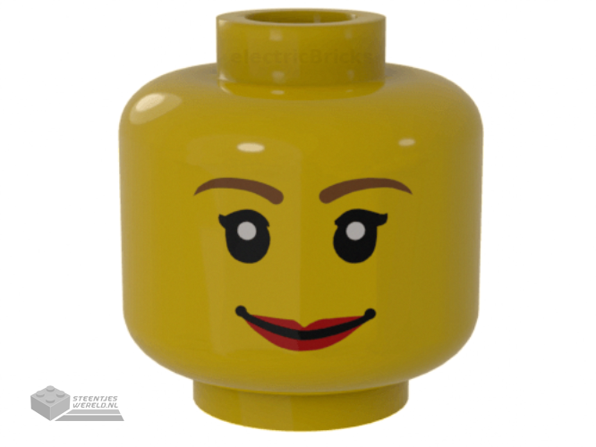 3626bpb0205 – Minifigure, Head Female with Brown Thin Eyebrows, White Pupils and Short Eyelashes, Wide Smile with Red Lips Pattern – Blocked Open Stud