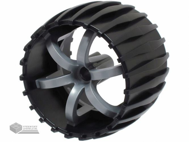 100942pb01 – Wheel Hard Plastic, Treaded 49.5mm D. x 37.5mm with Molded Flat Silver Spokes Pattern