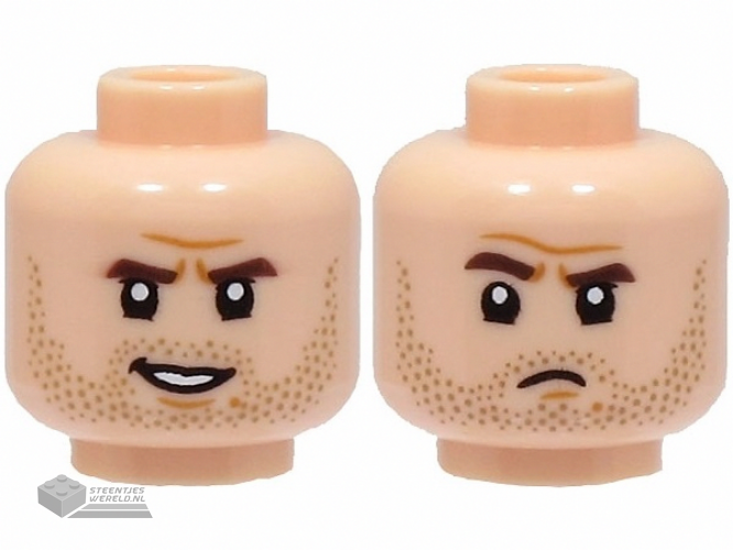 3626cpb3278 – Minifigure, Head Dual Sided Dark Brown Eyebrows, Dark Tan Stubble Beard, Medium Nougat Chin Dimple, Lopsided Open Mouth Smile / Frown Pattern – Hollow Stud