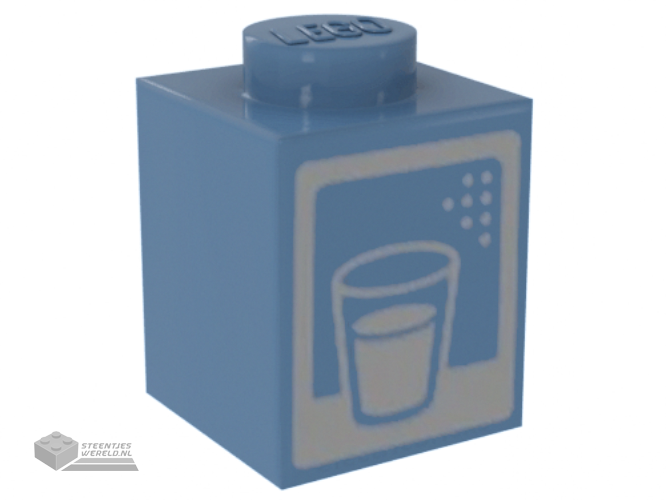 3005pb044 – Brick 1 x 1 with White Glass Outline, Drink, and Border Pattern (Milk Carton)