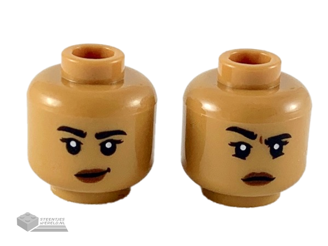 3626cpb2362 – Minifigure, Head Dual Sided Female, Black Eyebrows, Reddish Brown Lips, Lopsided Grin / Right Eyebrow Raised Pattern – Hollow Stud