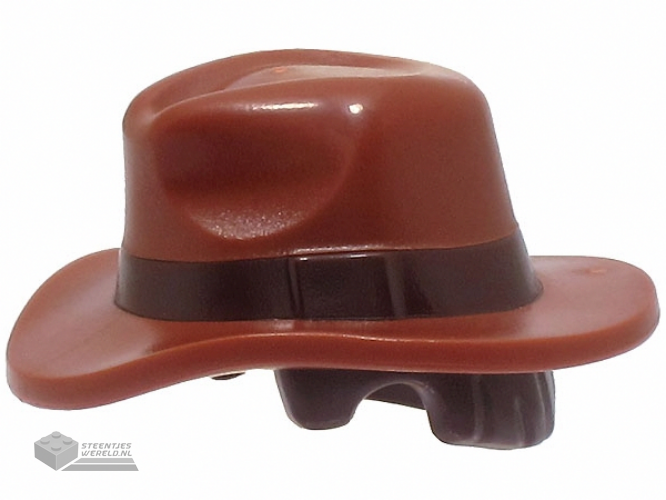 1849pb01 – Minifigure, Hair Combo, Hat with Hair, Fedora Outback Style with Wide Brim with Molded Dark Brown Band and Short Hair Pattern