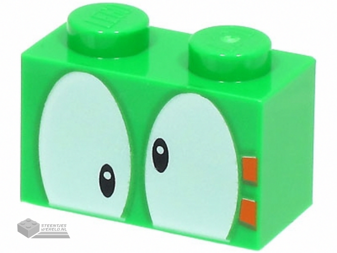 3004pb287 – Brick 1 x 2 with Black Eyes on White Background and 2 Orange Rectangles Pattern (Super Mario Lemmy Upper Face)