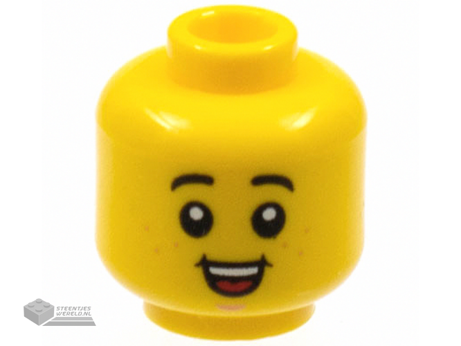 3626cpb2727 – Minifigure, Head Child Black Eyebrows, Nougat Freckles and Chin Dimple, Open Mouth Smile with Top Teeth and Red Tongue Pattern – Hollow Stud