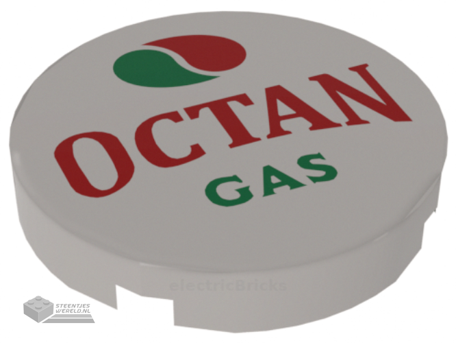 14769pb243 – Tile, Round 2 x 2 with Bottom Stud Holder with Octan Logo and ‘OCTAN GAS’ Pattern