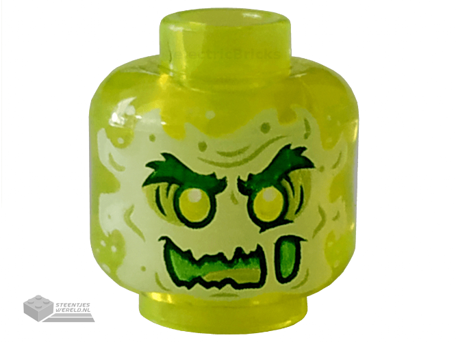 28621pb0006 - Minifigure, Head Alien Ghost with Yellowish Green Face, Bushy Eyebrows, Slime Mouth and Flames in Back Pattern - Vented Stud