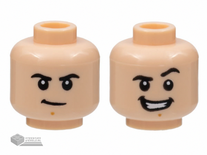 3626cpb3013 – Minifigure, Head Dual Sided Black Eyebrows, Medium Nougat Chin Dimple, Firm / Smile with Teeth and Raised Left Eyebrow Pattern – Hollow Stud