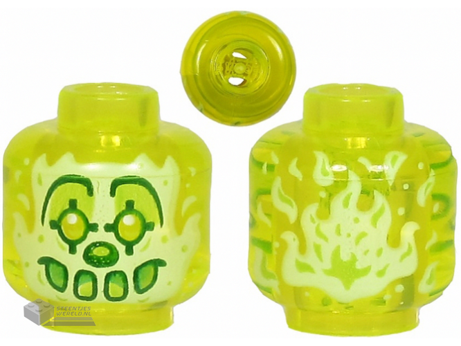 28621pb0001 - Minifigure, Head Alien Ghost Clown with Yellowish Green Face, Large Drawn Eyebrows, Pointed Eyes, Nose and Flames in Back Pattern - Vented Stud