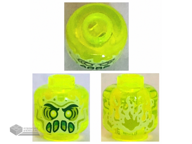 28621pb0011 – Minifigure, Head Alien Ghost with Yellowish Green Face, Slime Mouth and Flames in Back Pattern – Vented Stud